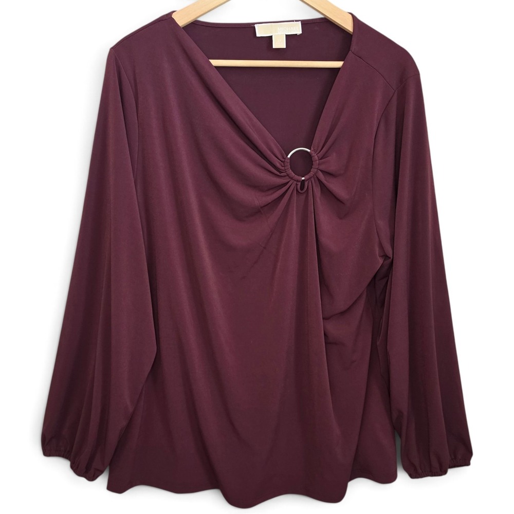 Michael Kors Top Womens 2X Burgundy Wine O Ring Draped V Neck Long Sleeve Blouse